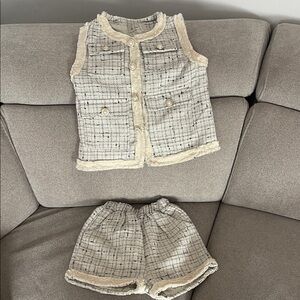 Stylish Cream and Black Tweed Vest and Shorts Set